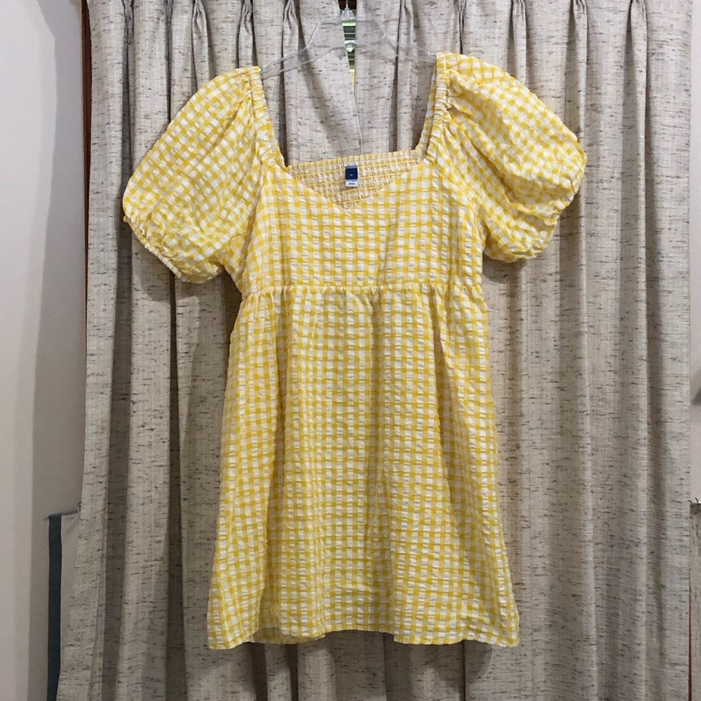 Old Navy Yellow Gingham Seersucker Puff Sleeve Mini Dress